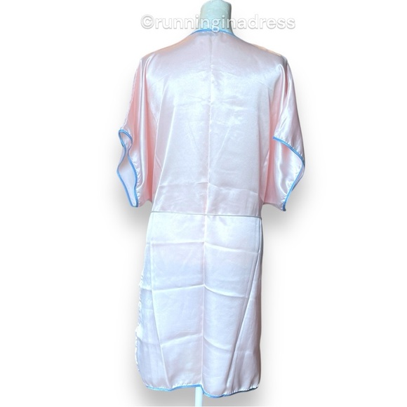 Vintage 80’s Val Mode Lingerie Pink With Blue Trim Floral Appliqué Robe Kimono - Picture 3 of 12